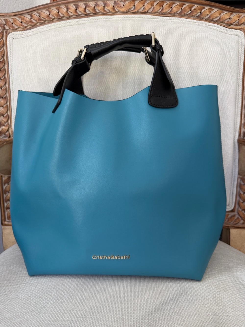 Cristina Sabatino Teal Tote Bag with Black Handle